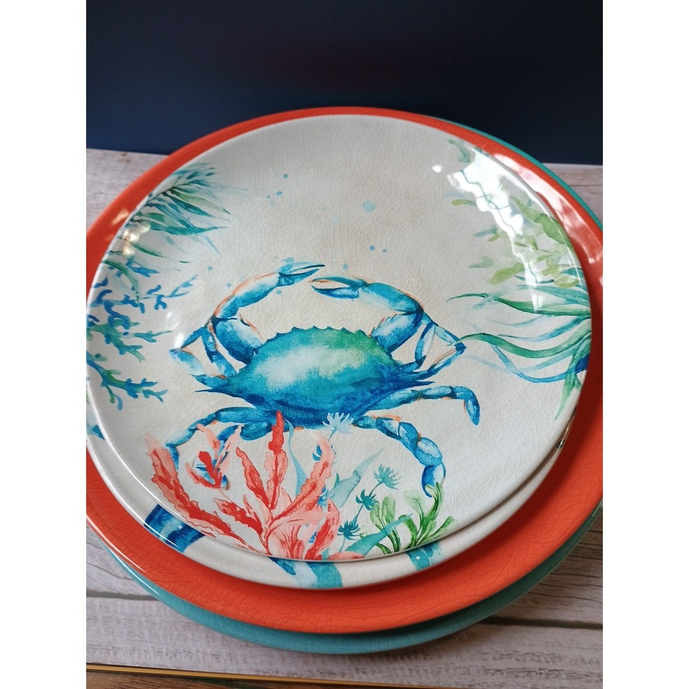 Melamine Set Of 12 Plates 9" & 11" Bowls Corals Crab Seahorse Starfish Turtle - Picture 5 of 11